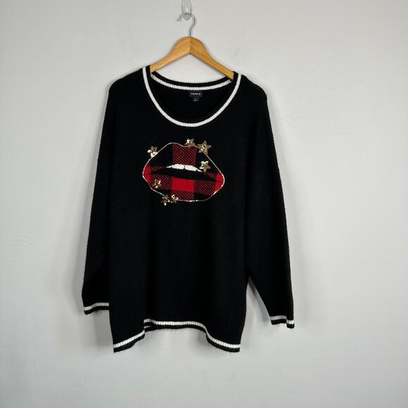 Torrid Black Pullover Crew Neck Sweater with Lips & Sequin Stars - Picture 5 of 11